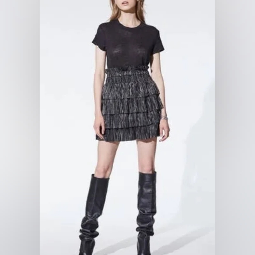 IRO Tacna  Black And Silver Tiered Mini Skirt Size 34 In Great Condition
